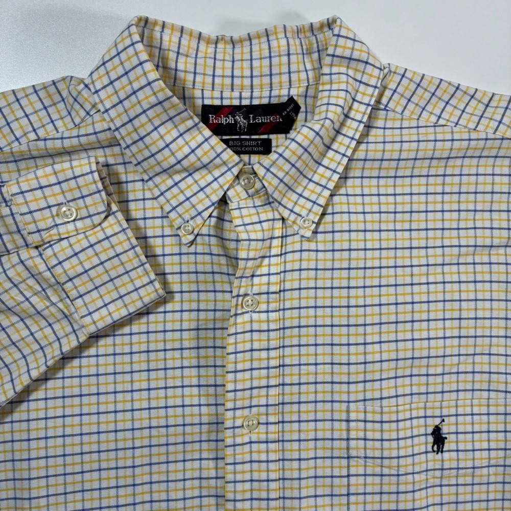 Ralph Lauren Big Shirt 2XL (3XL) Yellow Blue Plaid Button Down Long Sleeve